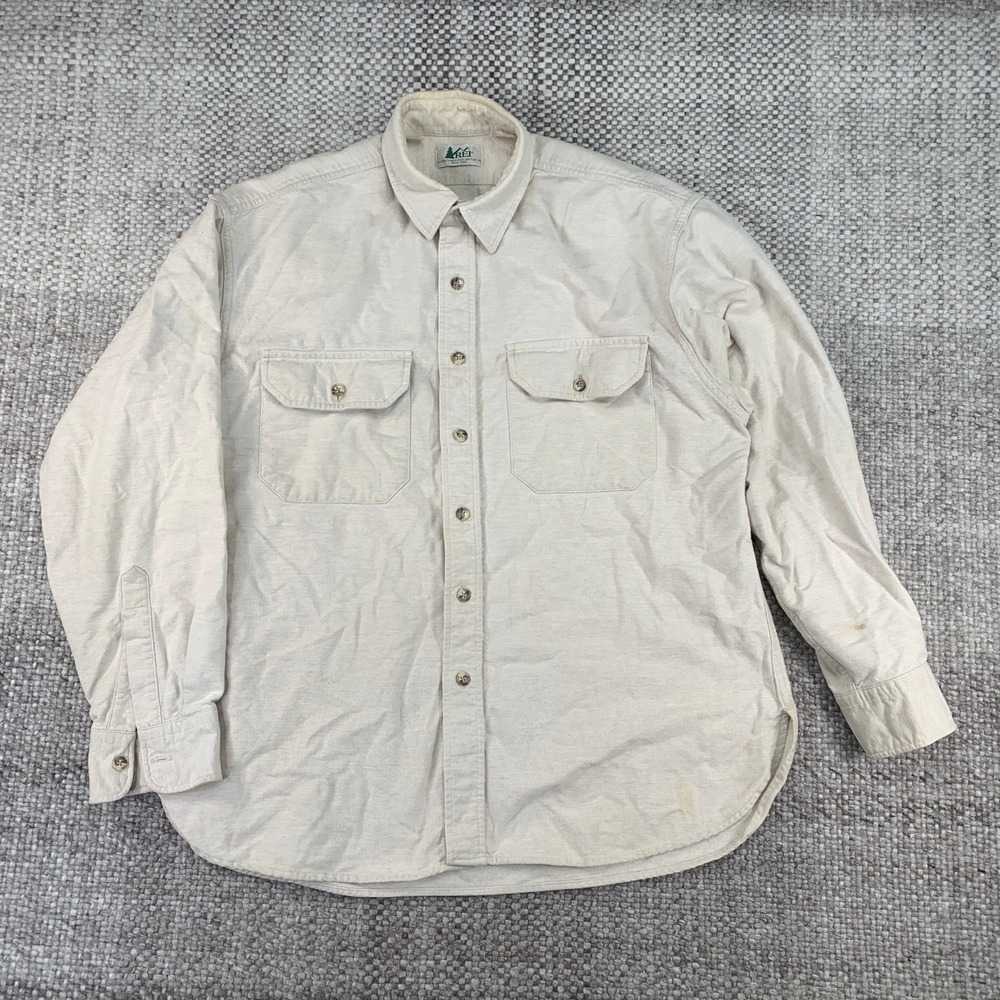 REI Button Up Shirt Mens Large Cream Canvas Cotton Long Sleeve Workwear
